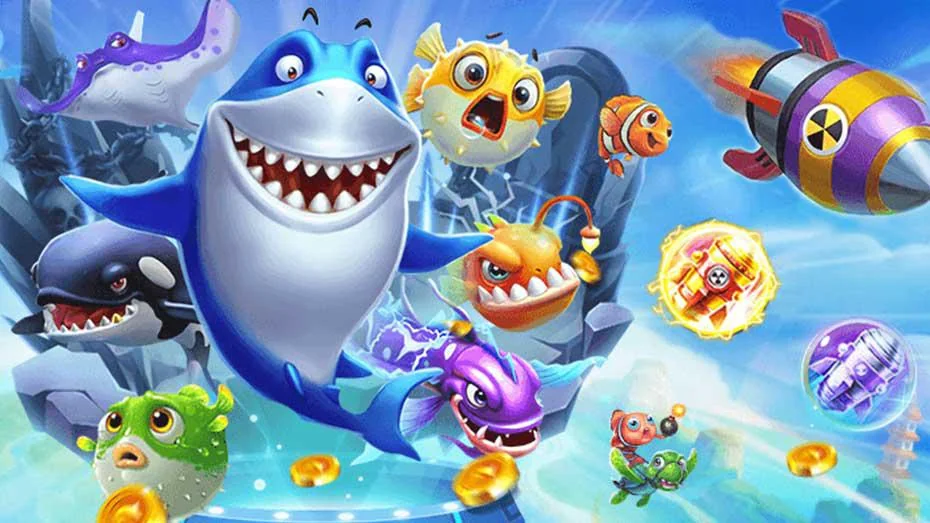 Underwater scene from a fishing shooting arcade game, featuring colorful fish, coral reefs, and a targeting reticle aiming at a golden fish, with score indicators displayed.